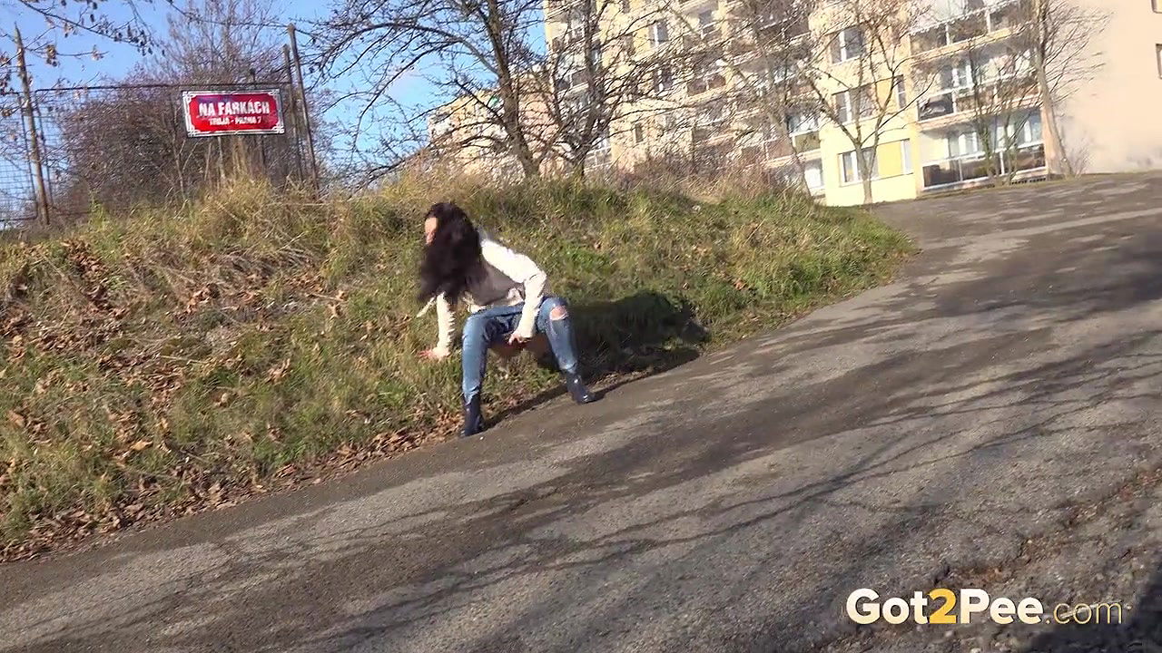 Ali Bordeaux pees on a road in the suburbs