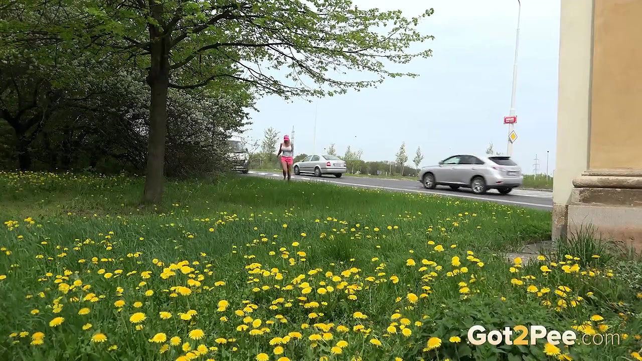 Blonde babe relieves herself in public piss video