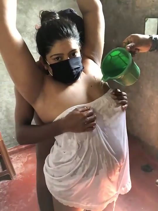 Two boy and One girl taking shower and boobs pressing