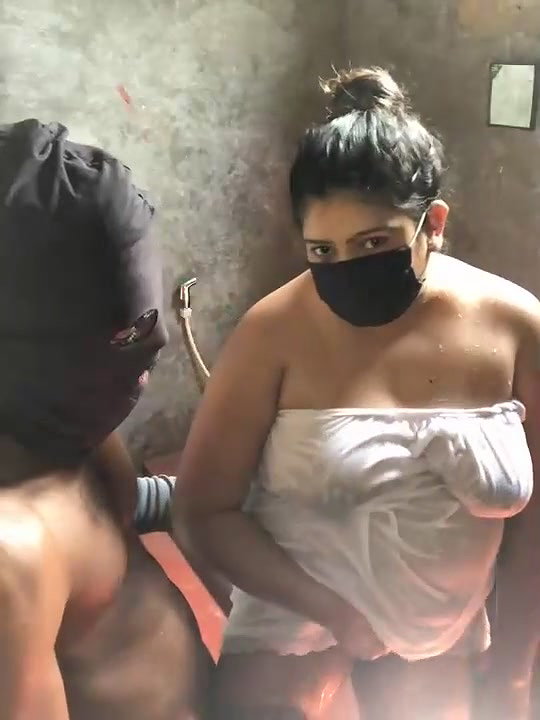 Two boy and One girl taking shower and boobs pressing