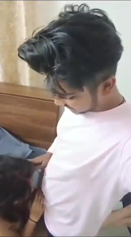 cute girlfriend hot blowjob to boyfriend with smile