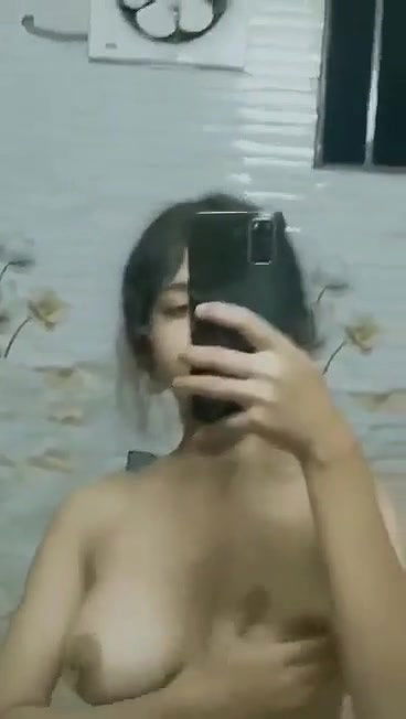 cute girl boobs rub in bathroom mirror selfie