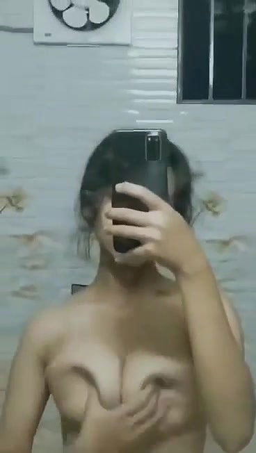 cute girl boobs rub in bathroom mirror selfie