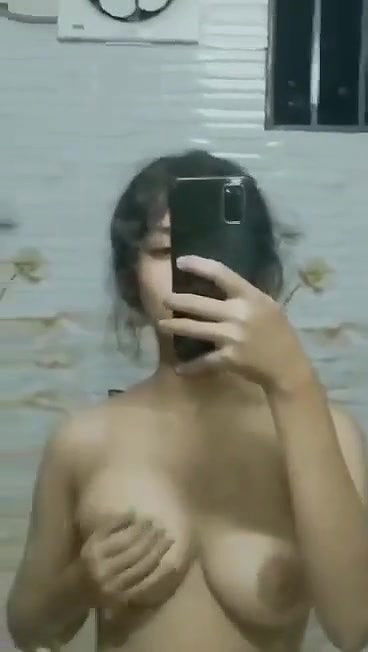 cute girl boobs rub in bathroom mirror selfie