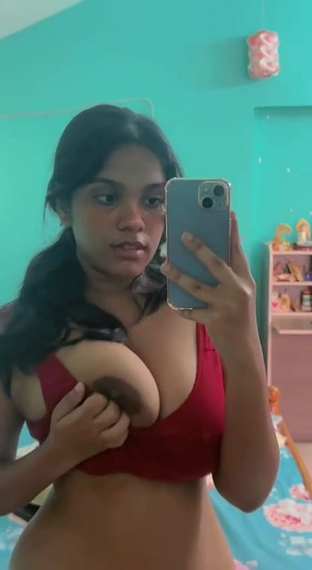 cute girl boobs press mirror selfie clip