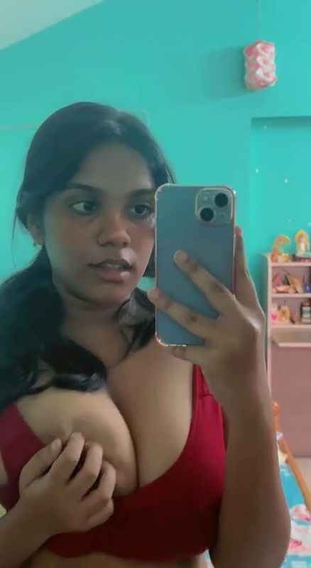 cute girl boobs press mirror selfie clip