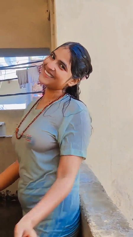 Cute Indian Girl Transparent Clothes Bathing