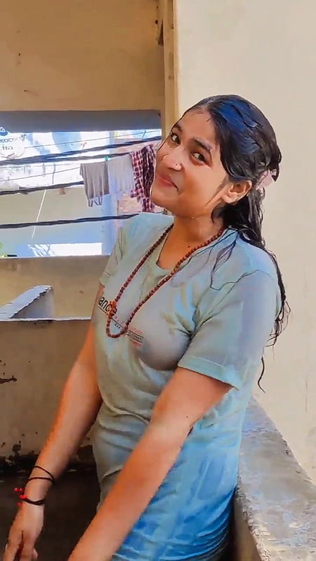 Cute Indian Girl Transparent Clothes Bathing