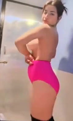 cute beautiful girl showing her big boobs in bathroom to bf smile