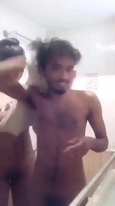 Desi married couple bathing naked under shower