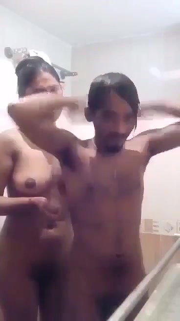 Desi married couple bathing naked under shower