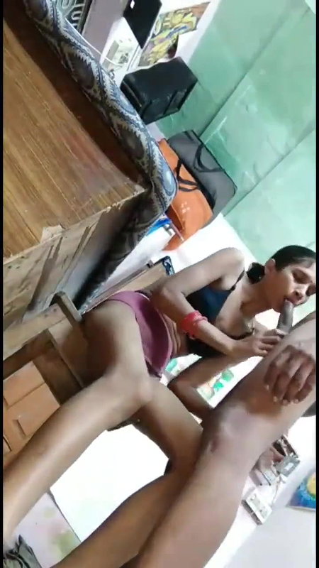 skinny Indian wife giving blowjob in bra panty