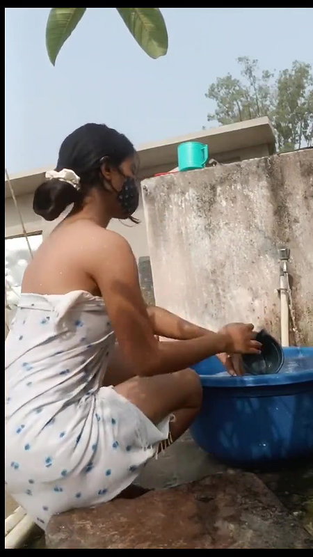 masked girl bathing outdoor and fingerring