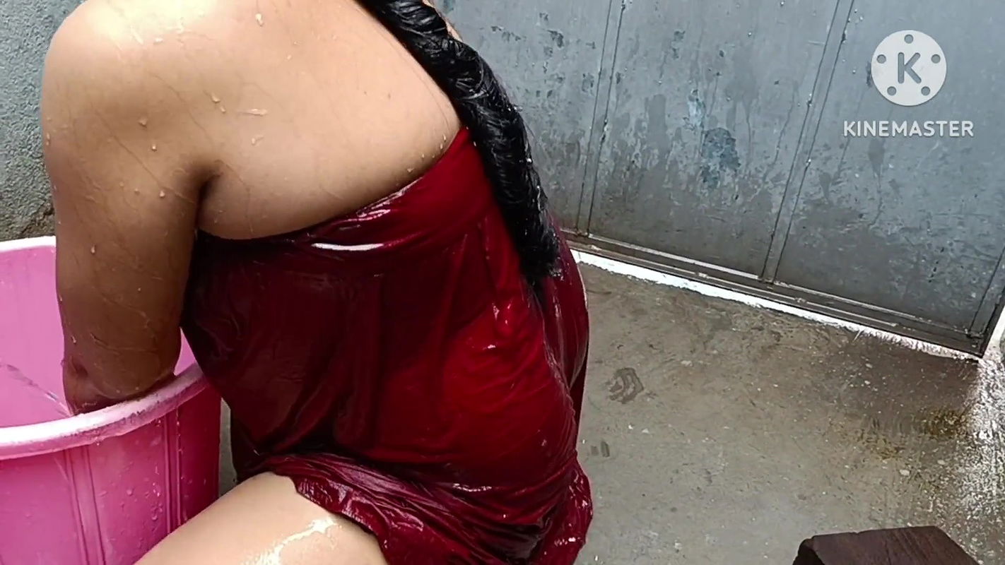 Indian Wife Bathing Outside