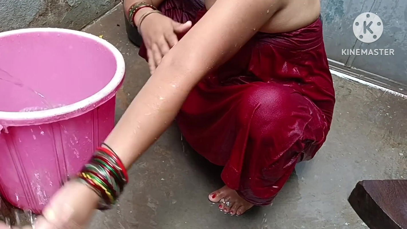 Indian Wife Bathing Outside