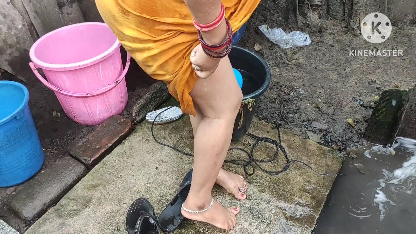 Indian house wife bathing outside with sex