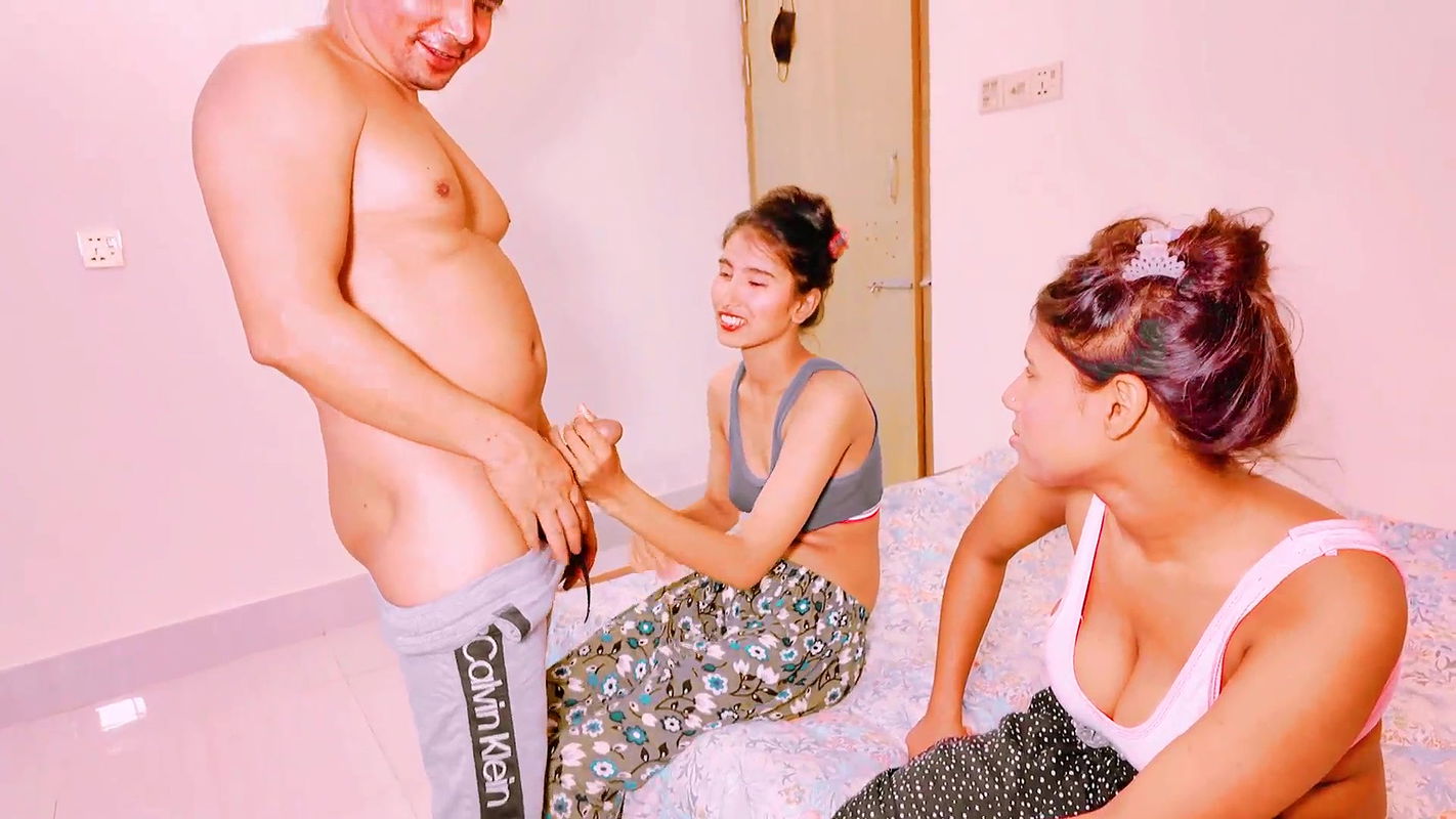 Two hot ass gals sharing on a big hard dick on the bed