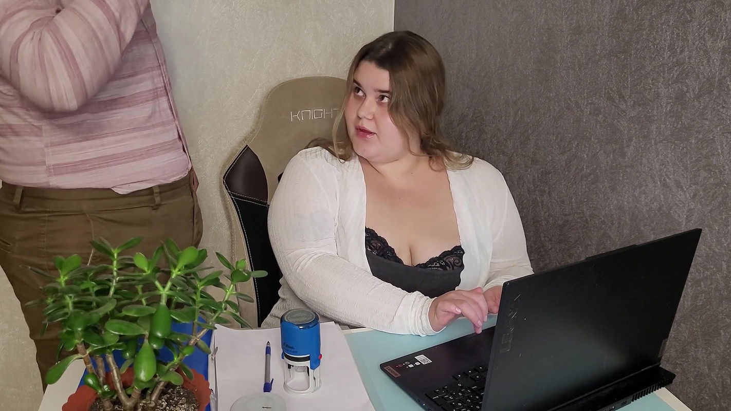 Fucked the sexy bbw secretary doggy style and cum on her swollen nipples