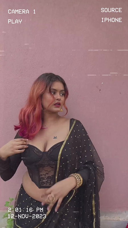chubby bengali lay big breast and navel in black saree 22