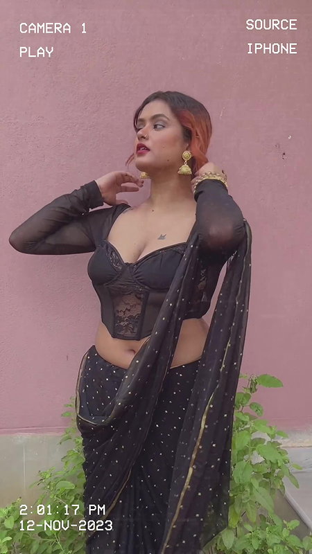 chubby bengali lay big breast and navel in black saree 22
