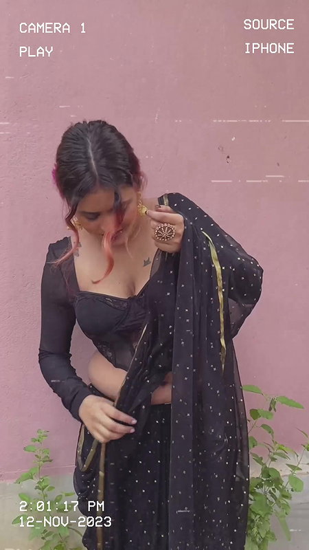 chubby bengali lay big breast and navel in black saree 22