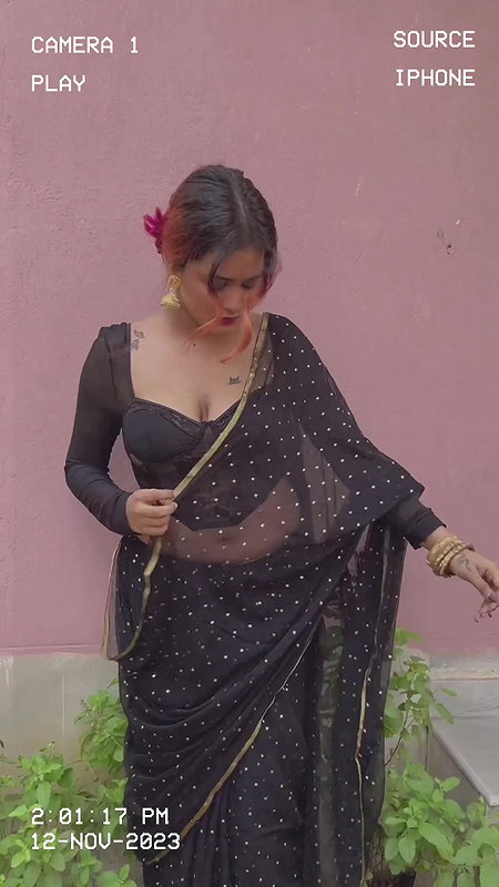 chubby bengali lay big breast and navel in black saree 22