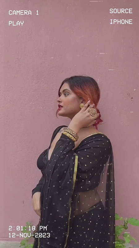chubby bengali lay big breast and navel in black saree 22