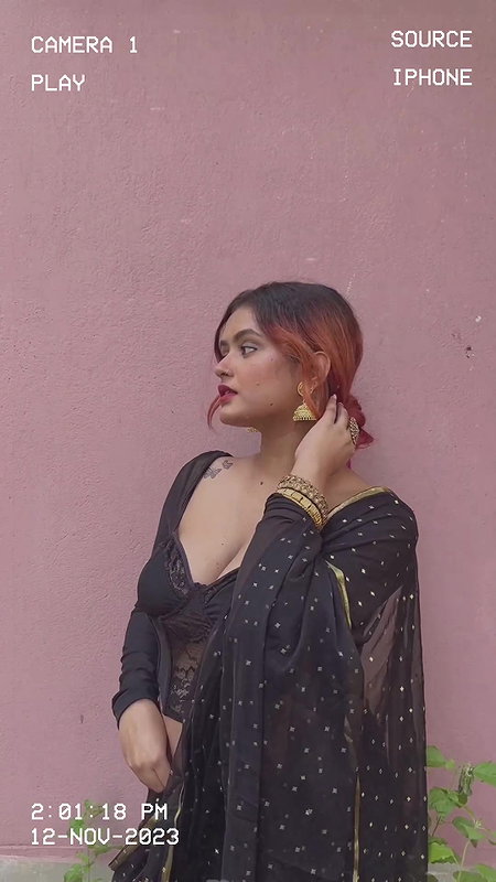chubby bengali lay big breast and navel in black saree 22