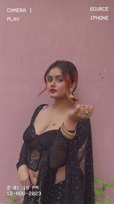 chubby bengali lay big breast and navel in black saree 22