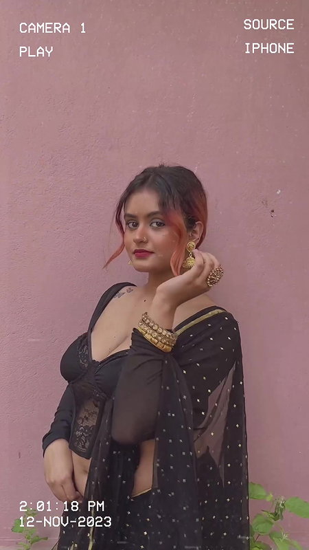 chubby bengali lay big breast and navel in black saree 22