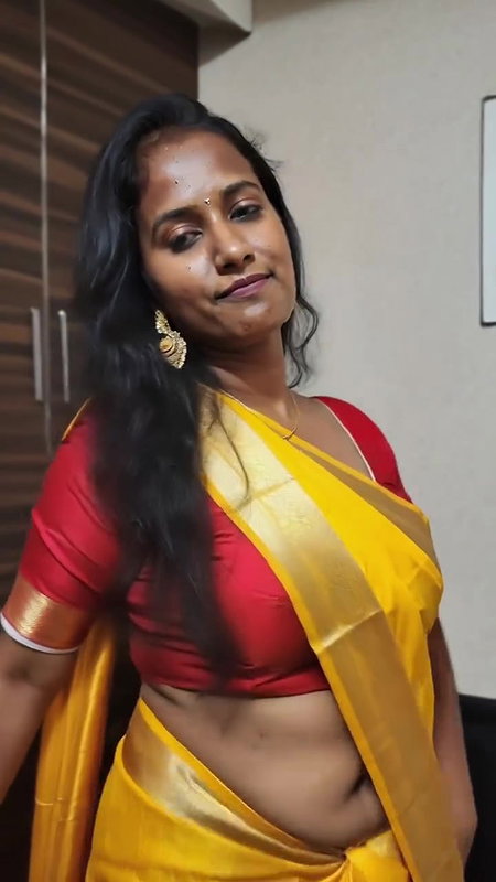 dusky desi lady very big deep navel in yellow saree 22
