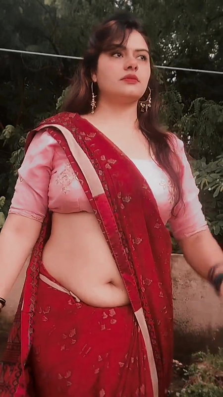sexy chubby punjabi lady wide tummy and navel in red saree 22