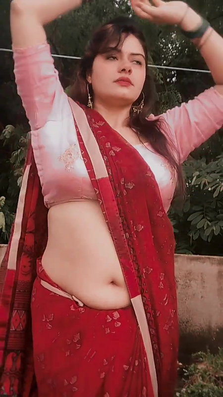 sexy chubby punjabi lady wide tummy and navel in red saree 22