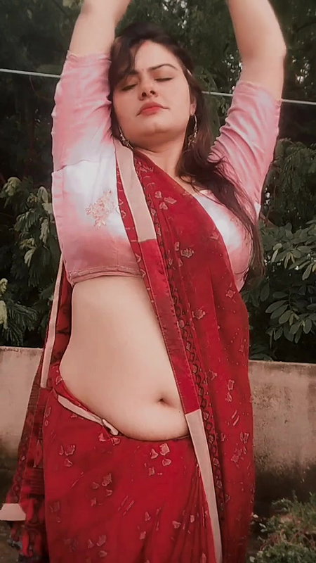 sexy chubby punjabi lady wide tummy and navel in red saree 22