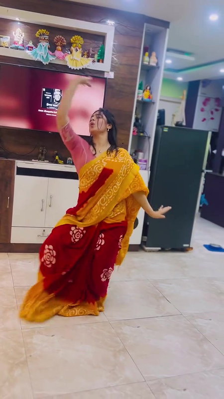 Moksha Sexy Wide Navel show in orange saree 22