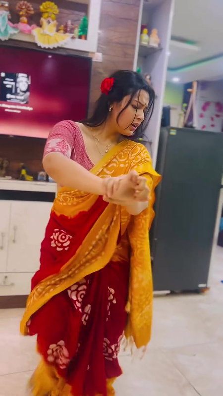 Moksha Sexy Wide Navel show in orange saree 22