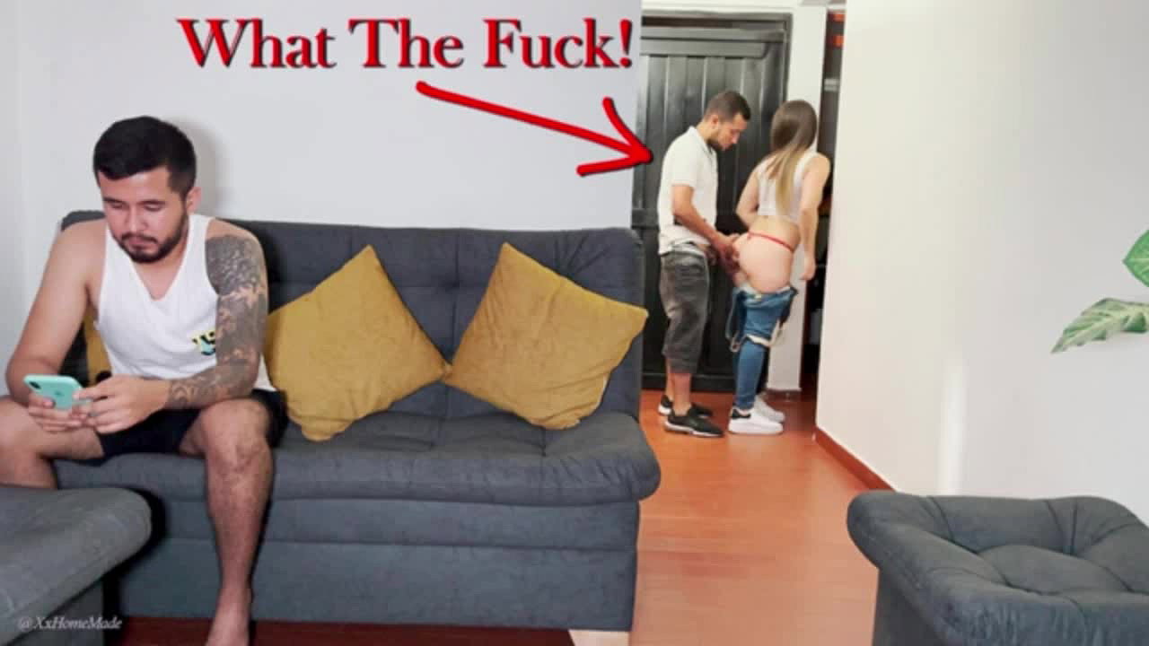 My cuckold husband plays with his cell phone while I fuck with his best friend…