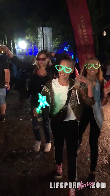 Outdoor threesome fucking and dick sucking at the music festival