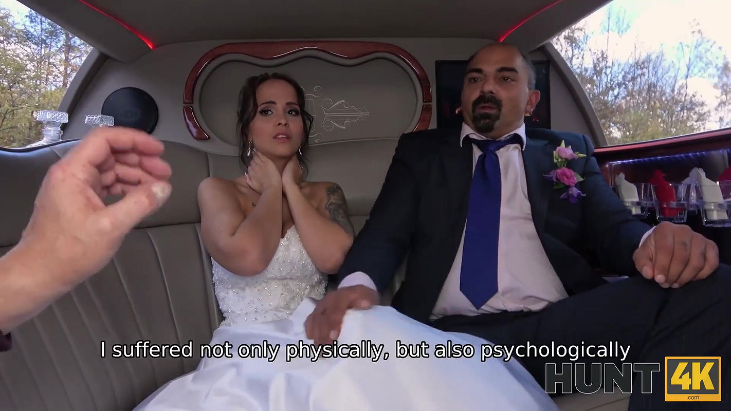 Excited girl in wedding dress fools around not with future hubby