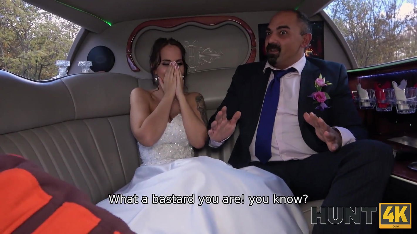 Excited girl in wedding dress fools around not with future hubby