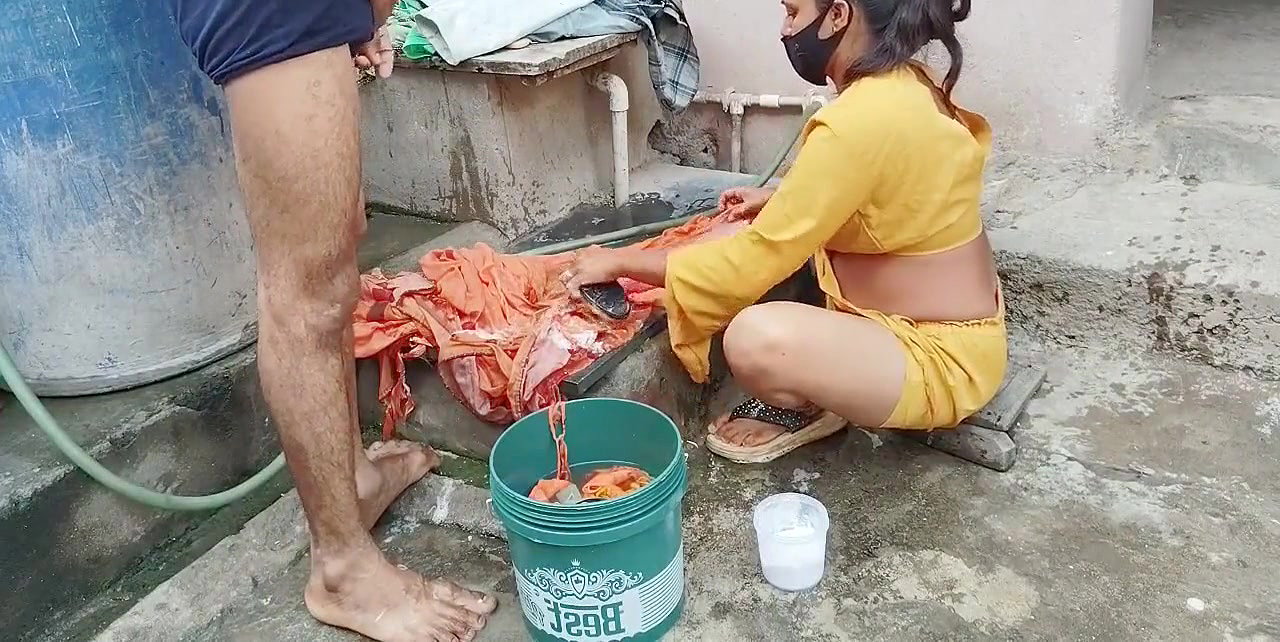 The Indian step-sister was washing clothes when she got wet pussy seeing step-brother’s fat dick