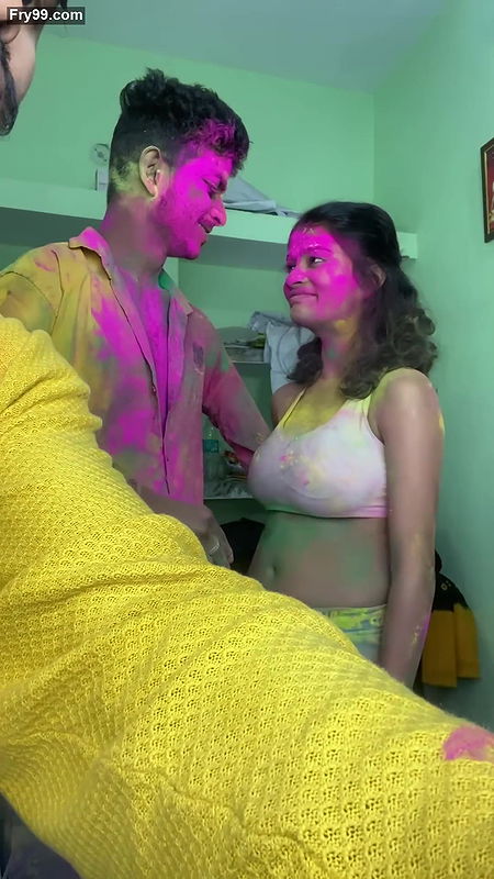 Cute busty Rumki big boobs grabbed, pressed & felt, underboob show in holi fun