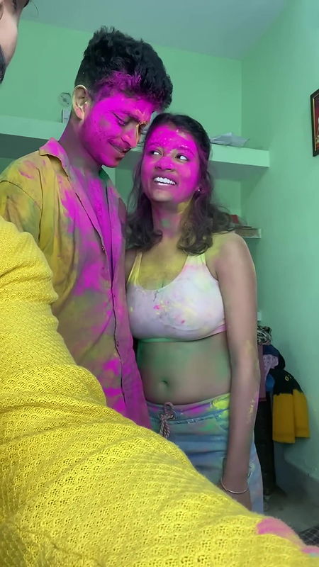 Cute busty Rumki big boobs grabbed, pressed & felt, underboob show in holi fun
