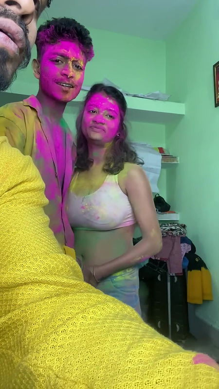 Cute busty Rumki big boobs grabbed, pressed & felt, underboob show in holi fun