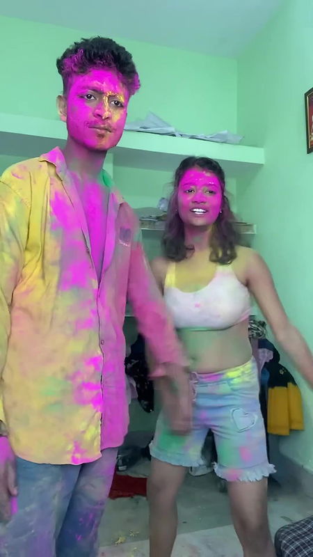 Cute busty Rumki big boobs grabbed, pressed & felt, underboob show in holi fun