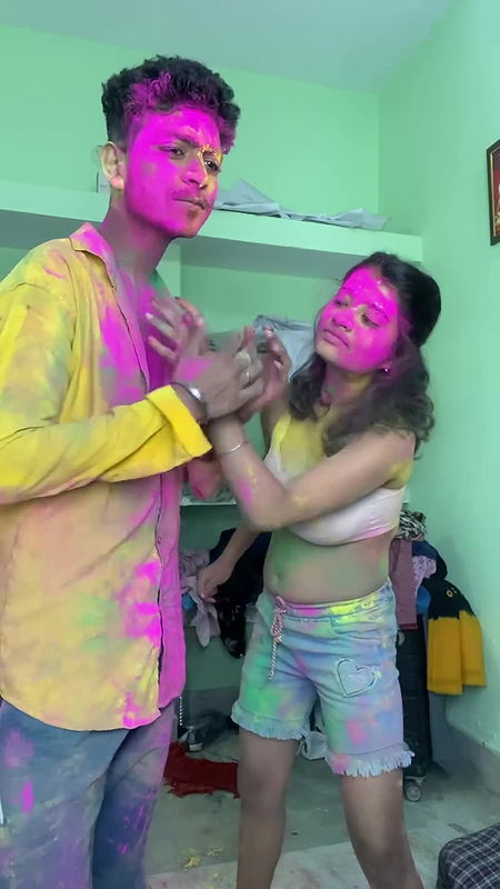 Cute busty Rumki big boobs grabbed, pressed & felt, underboob show in holi fun