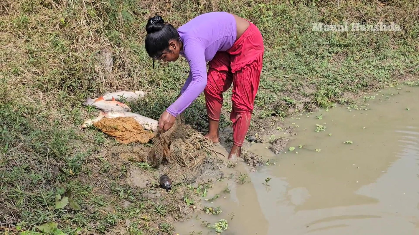Amazing Village girl net fishing video