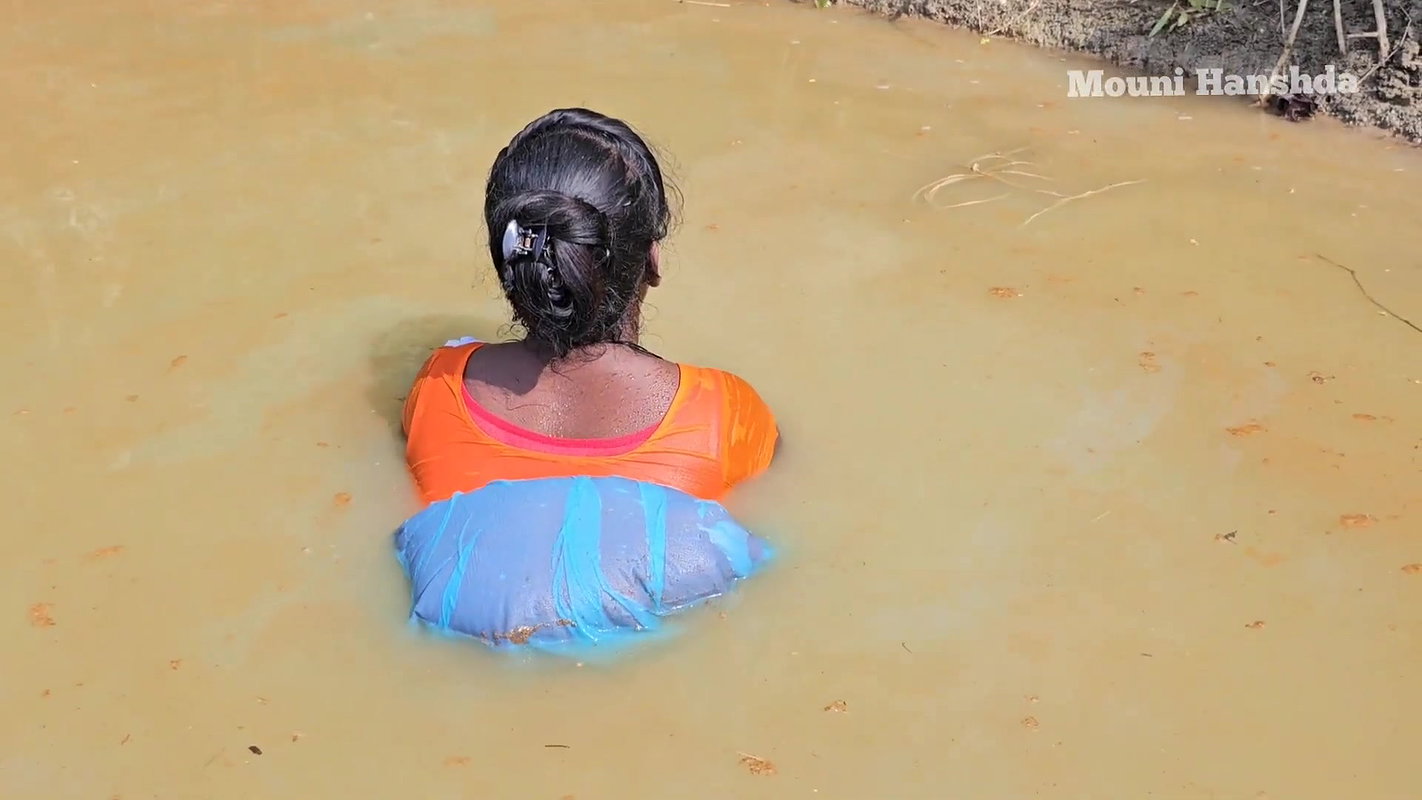 Amazing Village Women Net Fishing in Muddy Water