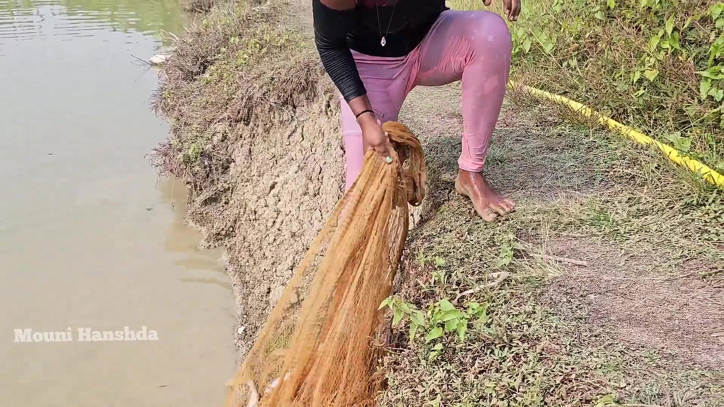 Bengali girl net fishing in Village pond
