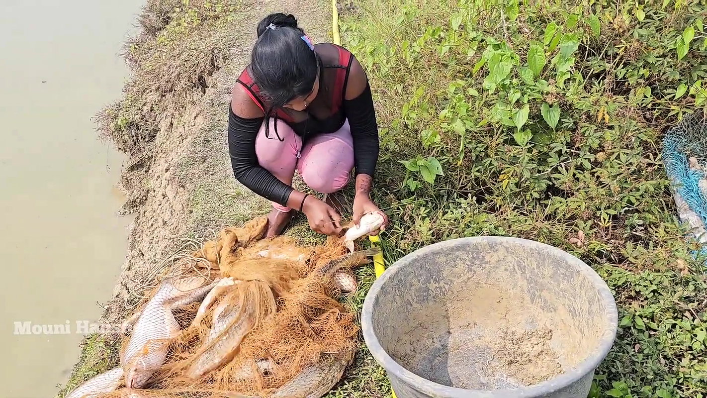 Bengali girl net fishing in Village pond